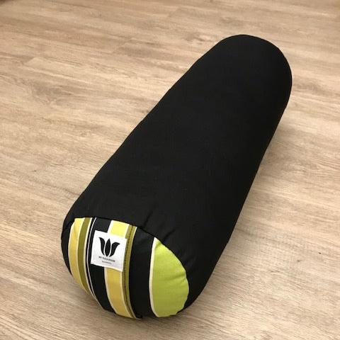 Round Yoga Bolster, Made in Canada, Black Base with Green Black Yellow stripe endcap. Full Zipper cover removal