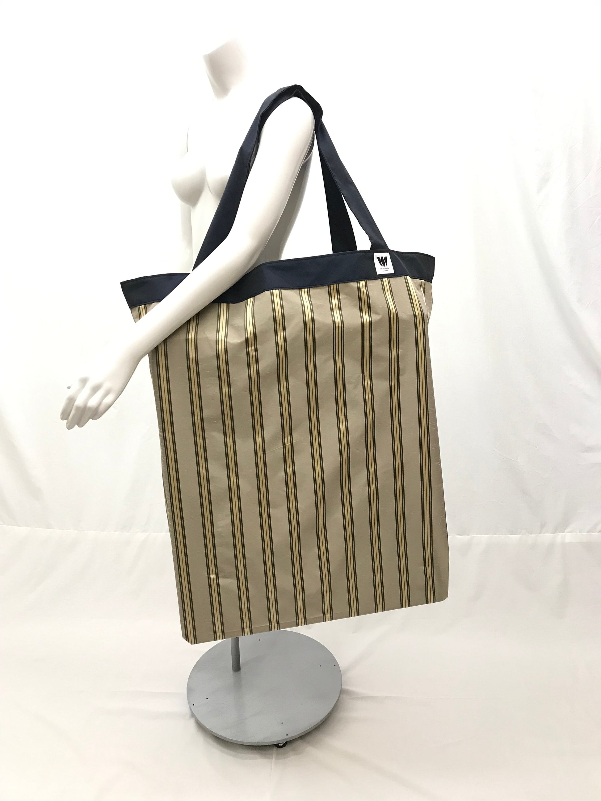 Extra Large Yoga Tote Bag in Light brown and gold stripe fabric to carry and or store yoga props for yoga practice. Made in Canada by My Yoga Room Elements