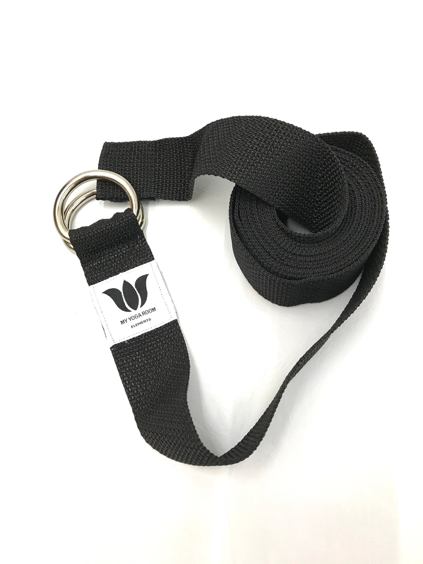 A sturdy black web yoga strap for aligning, supporting or assisting the body in yoga poses. A handcrafted, Canadian Made, yoga prop from My Yoga Room Elements