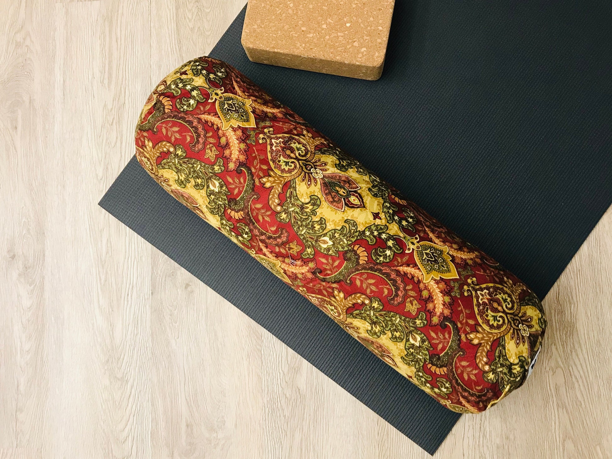 Matching product. eight by twenty four inch round yoga bolster. Handcrafted by My Yoga Room Elements