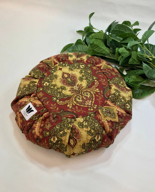 Handcrafted premium cotton canvas fabric meditation seat cushion in cranberry red, rich gold and green damask print fabric. Align the spine and body in comfort to calm the monkey mind in your meditation practice. Handcrafted in Calgary, Alberta Canada