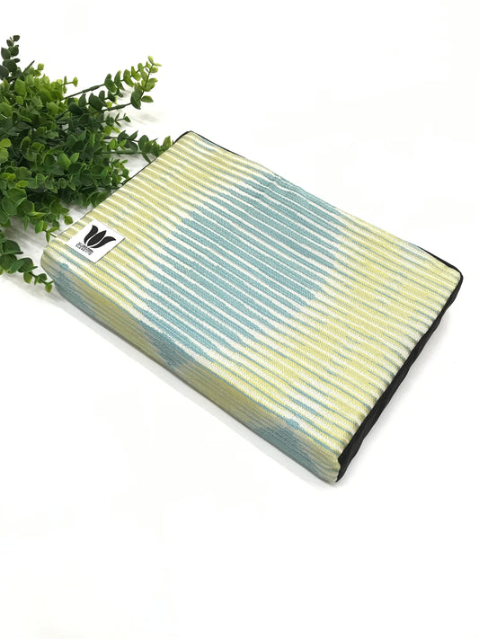 2 x 8 x 12 inch fabric covered yoga block. High density foam insert covered with green and yellow stripe patterned cotton fabric. Handcrafted in Canada by My Yoga Room Elements