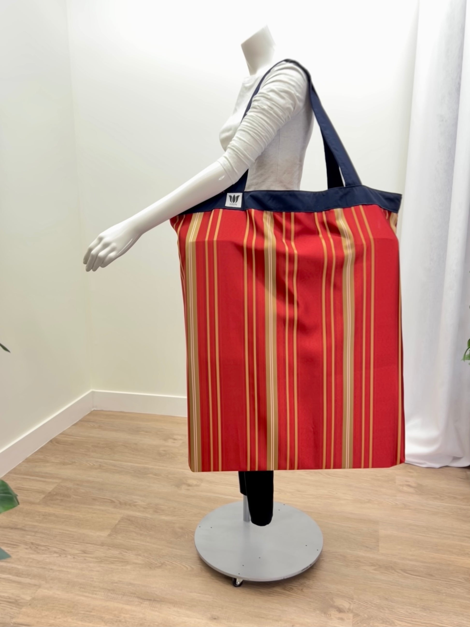 Extra large yoga mat bag to carry all your additional support props. red gold stripe print. Made in Canada by My Yoga Room Elements