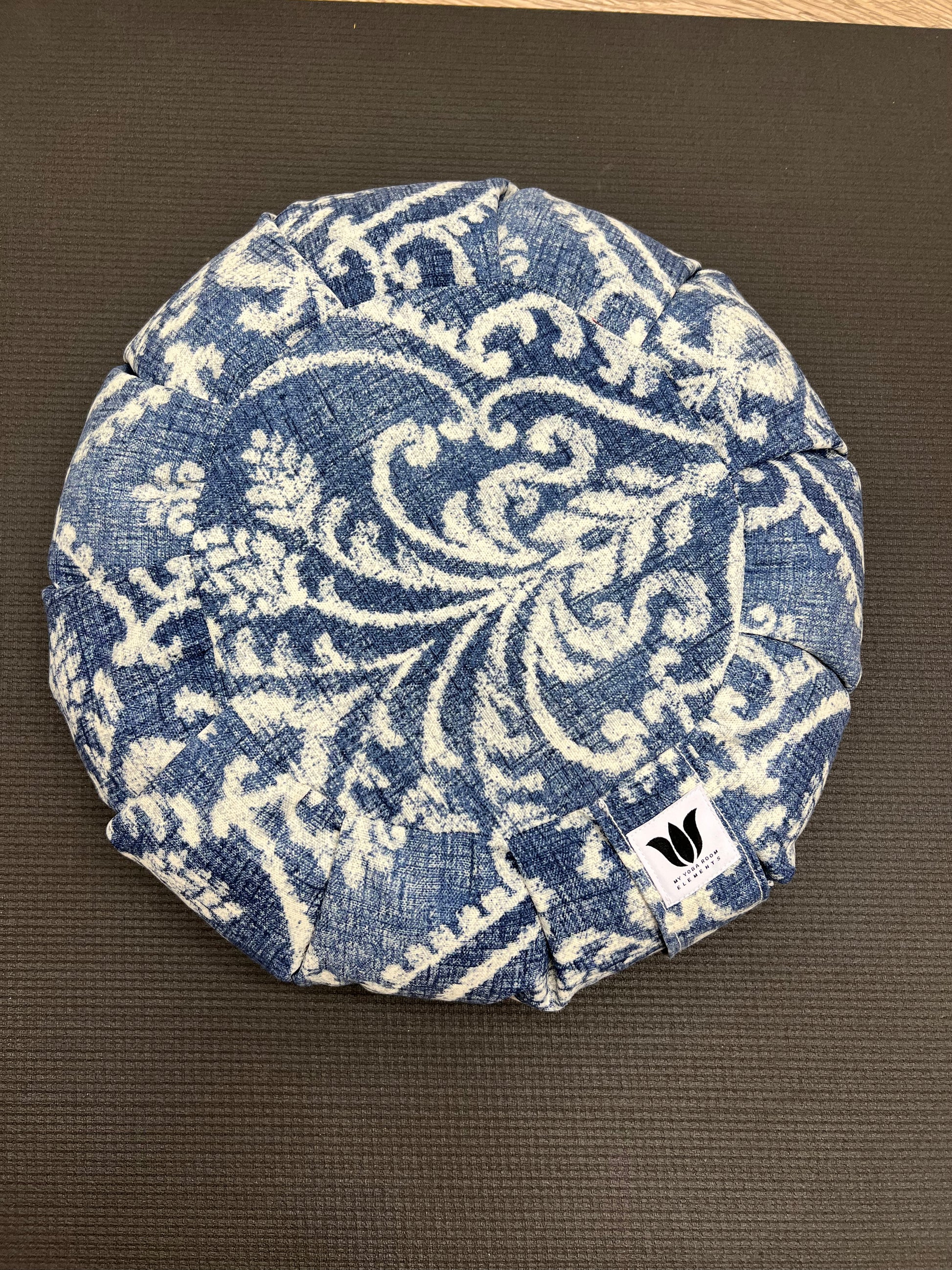 Meditation Seat Cushion in blue and white printed cotton canvas fabric, handcrafted in Canada by My Yoga Room Elements