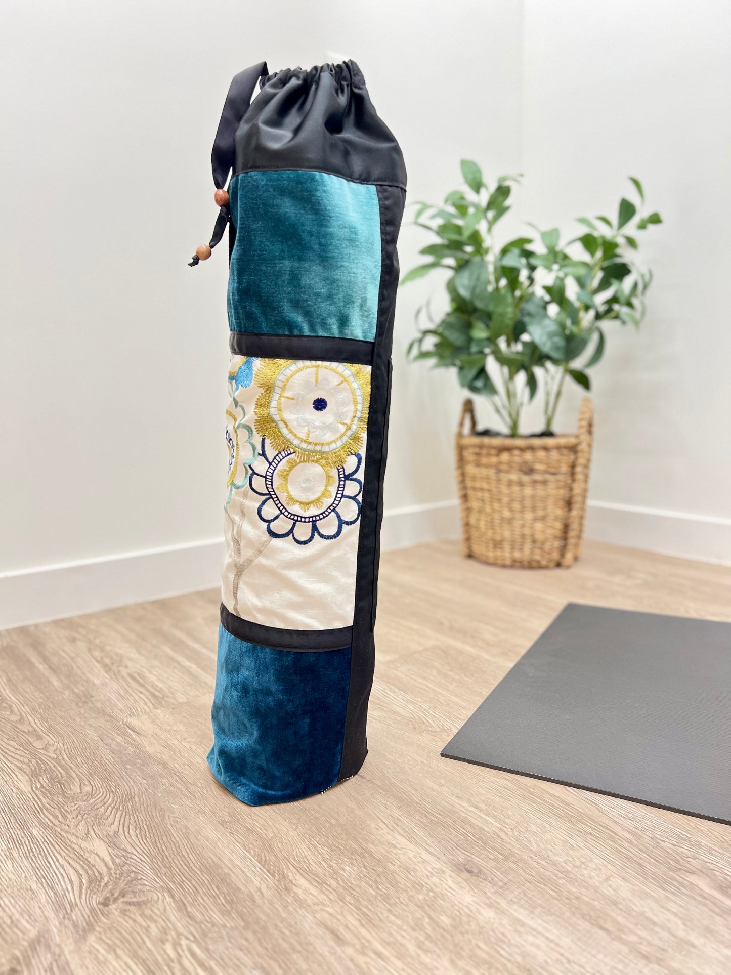 Back Pack Yoga Mat Bag, Extra Wide, Made in Canada, Blue Green Floral Print,