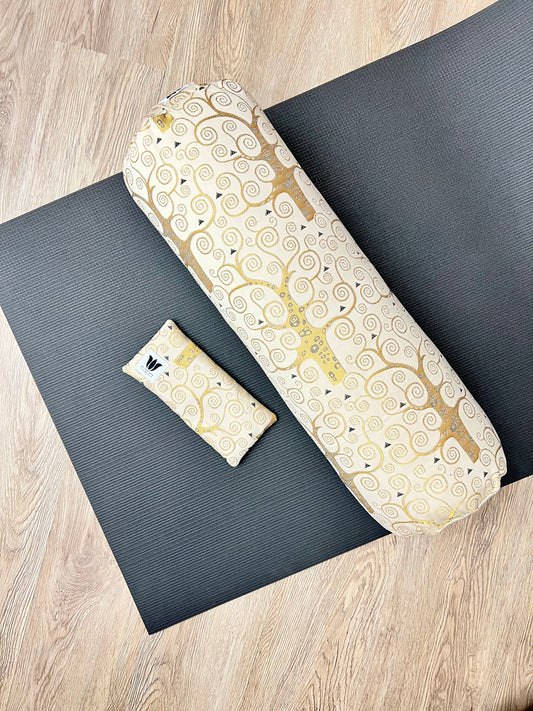Yoga Bolster and Eye Pillow Set in Gold Swirl Modern Print Handcrafted in Canada by My Yoga Room Elements
