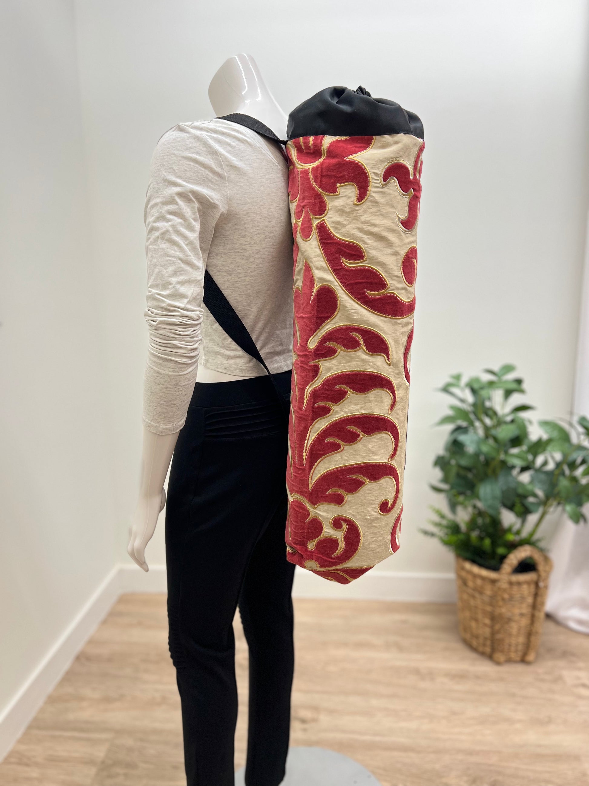 Yoga Mat Bag, Backpack Option in Red and Gold Scroll embroidery print handcrafted by My Yoga Room Elements in their Canadian Studio premium quality yoga products