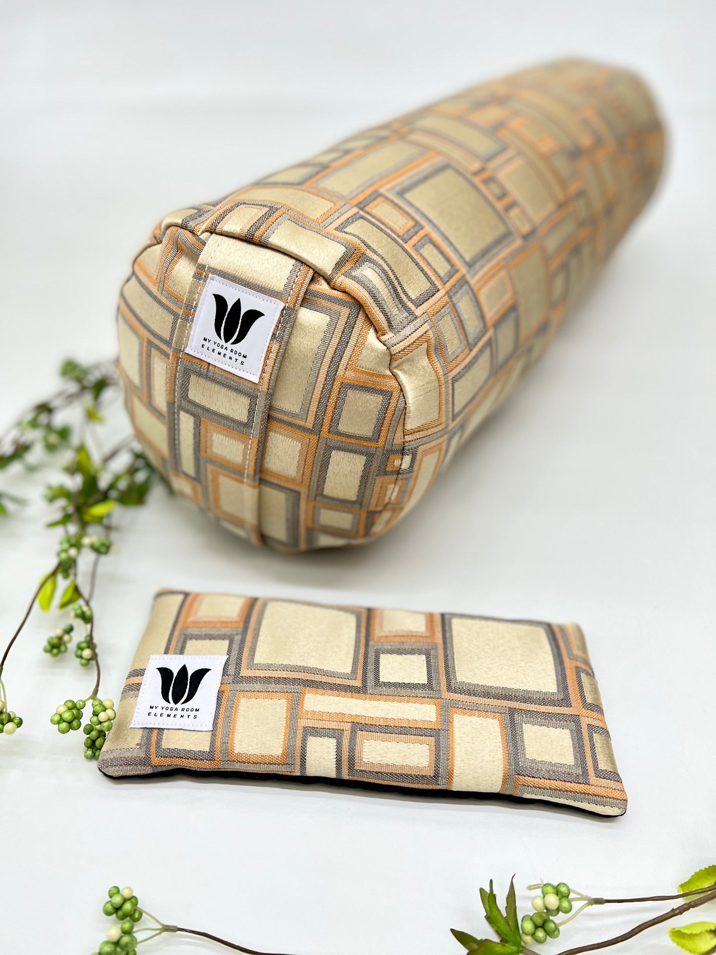 Yoga Bolster & Eye Pillow Set Gold and Grey Block Print Handcrafted in Canada by My Yoga Room Elements