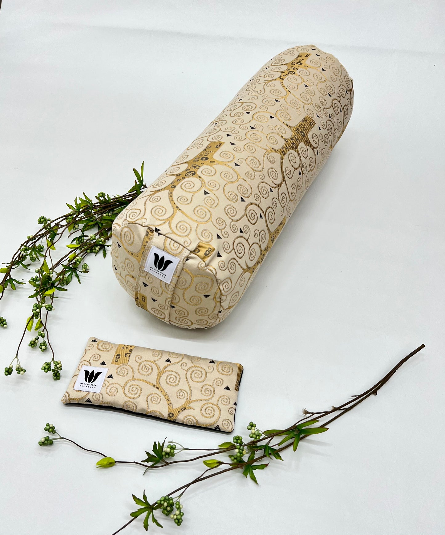Yoga Bolster and Eye Pillow Set in Gold Swirl Modern Print Handcrafted in Canada by My Yoga Room Elements