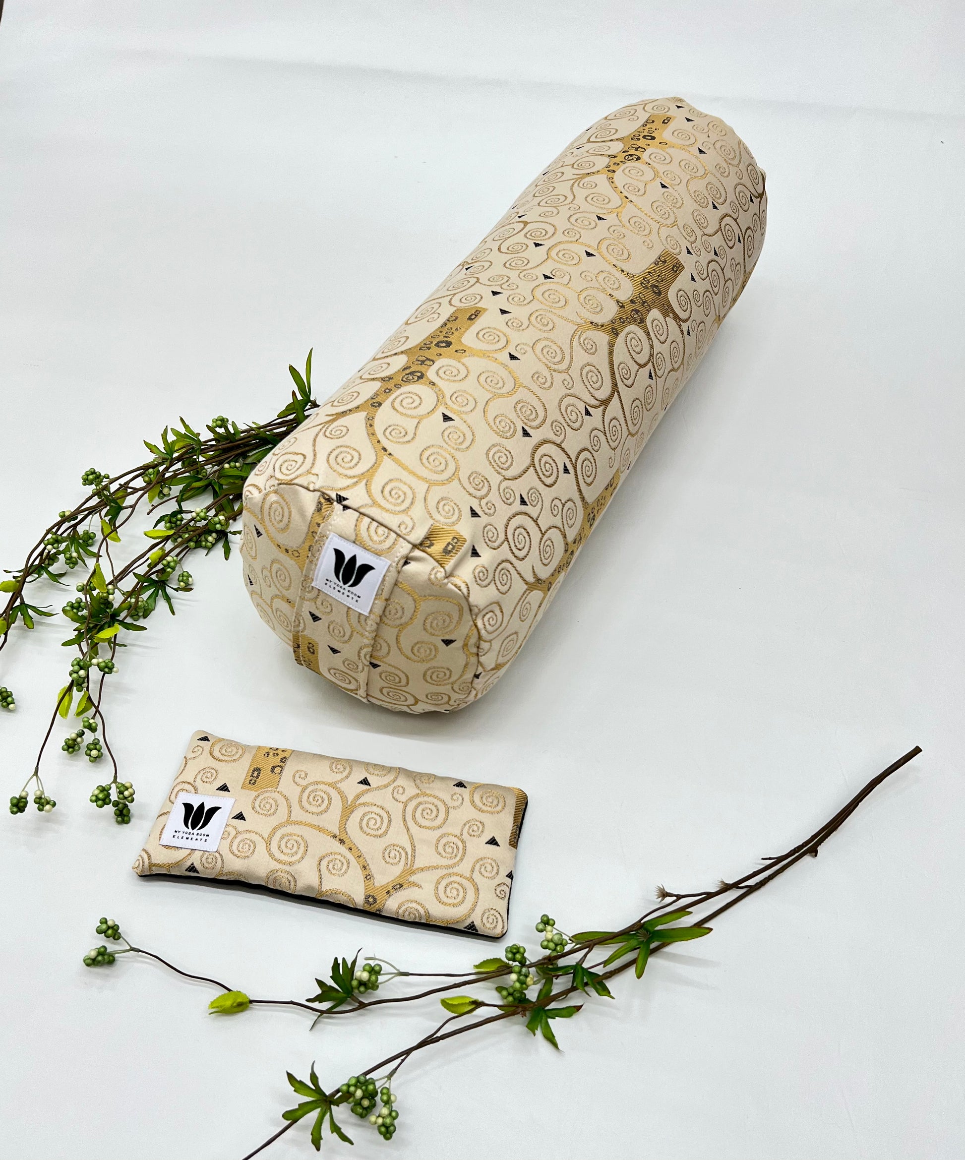 Yoga Bolster and Eye Pillow Set in Gold Swirl Modern Print Handcrafted in Canada by My Yoga Room Elements
