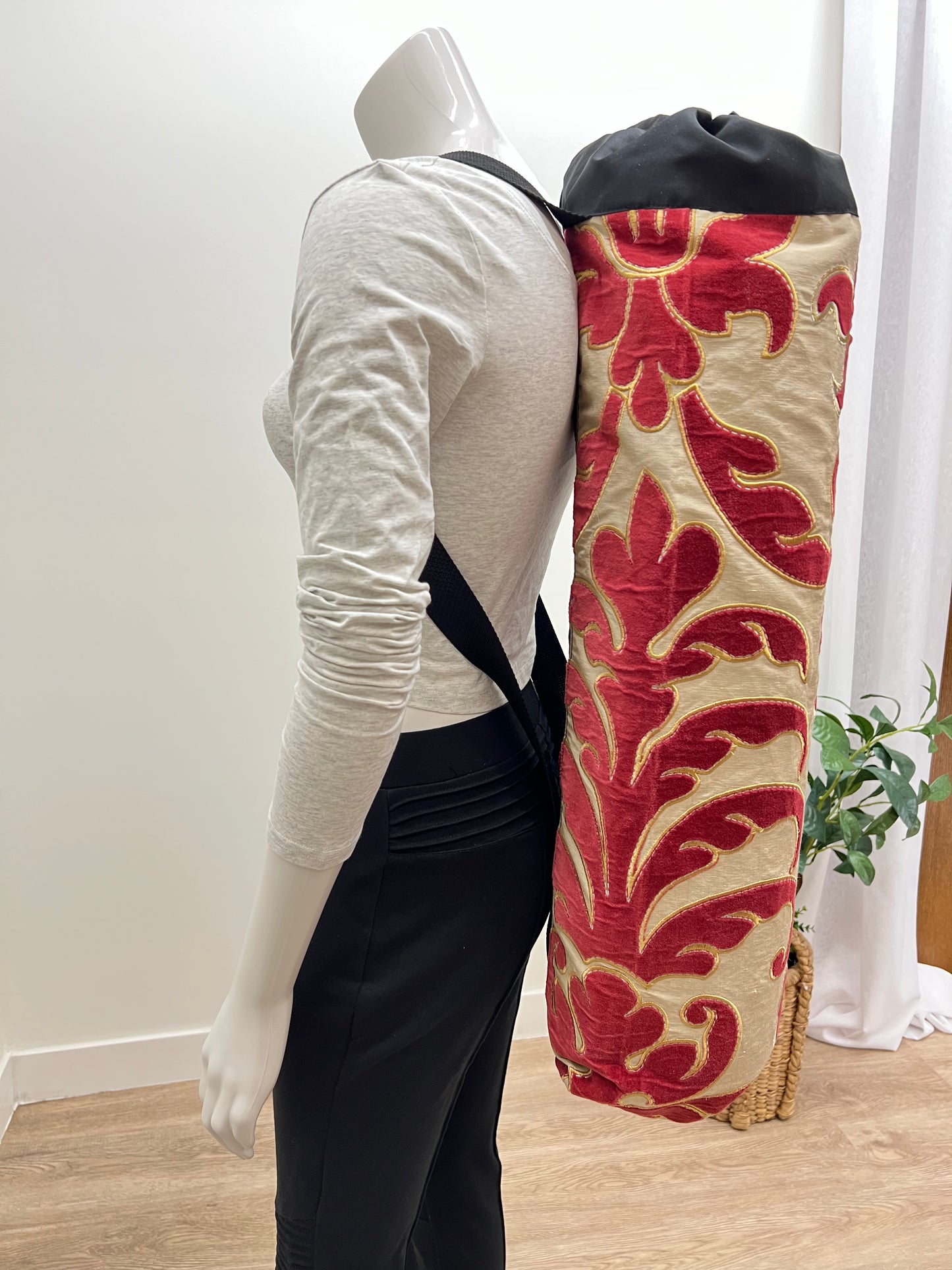 Yoga Mat Bag, Backpack Option in Red and Gold Scroll embroidery print handcrafted by My Yoga Room Elements in their Canadian Studio