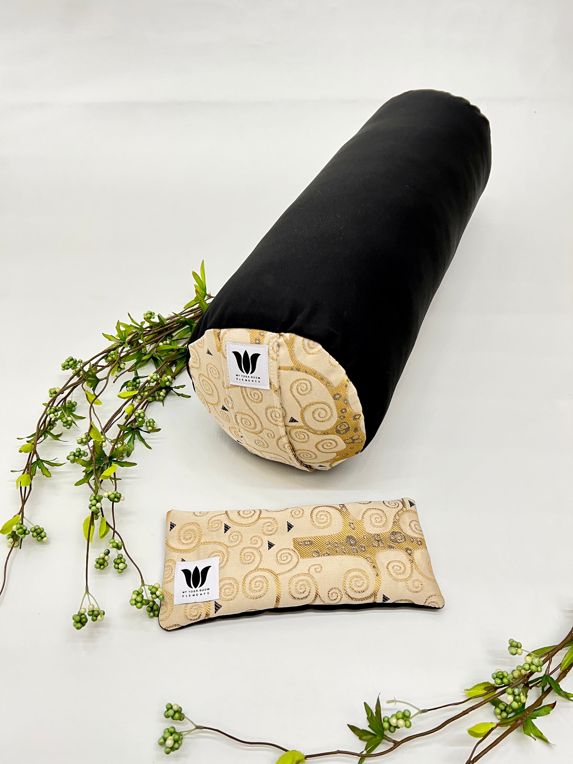 Black and Gold Swirl Print, Yoga Bolster and Eye Pillow Set Handcrafted in Canada by My Yoga Room Elements