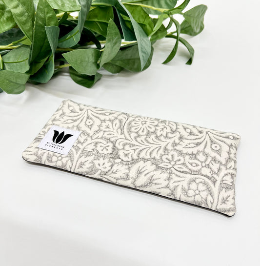 Unscented Eye Pillow in  Two Tone Grey and White Floral Print 100% cotton and organic bamboo fabric. Made in Canada by My Yoga Room Elements