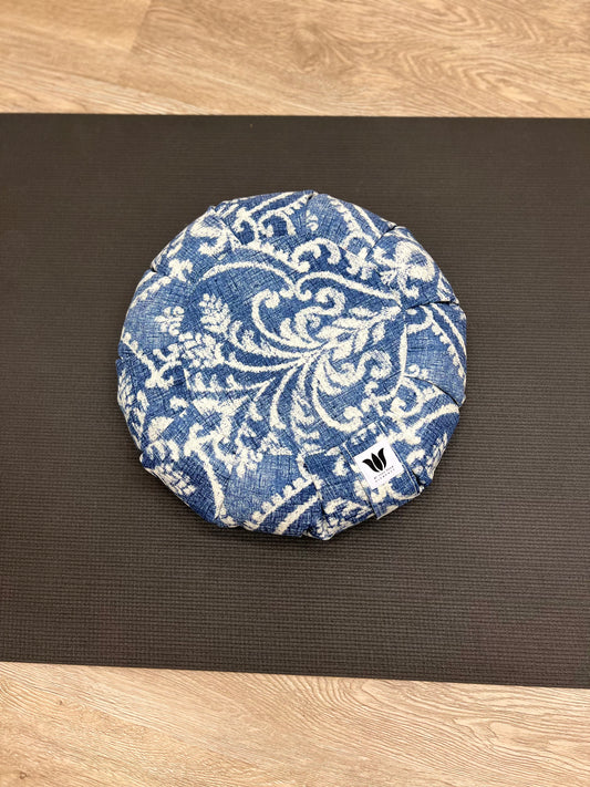 Meditation Seat Cushion in blue and white print, handcrafted in Canada by My Yoga Room Elements