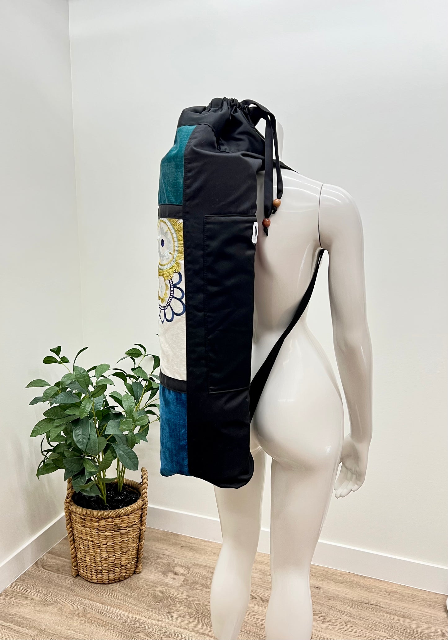 Back Pack Yoga Mat Bag, Extra Wide, Made in Canada, Blue Green Floral Print,