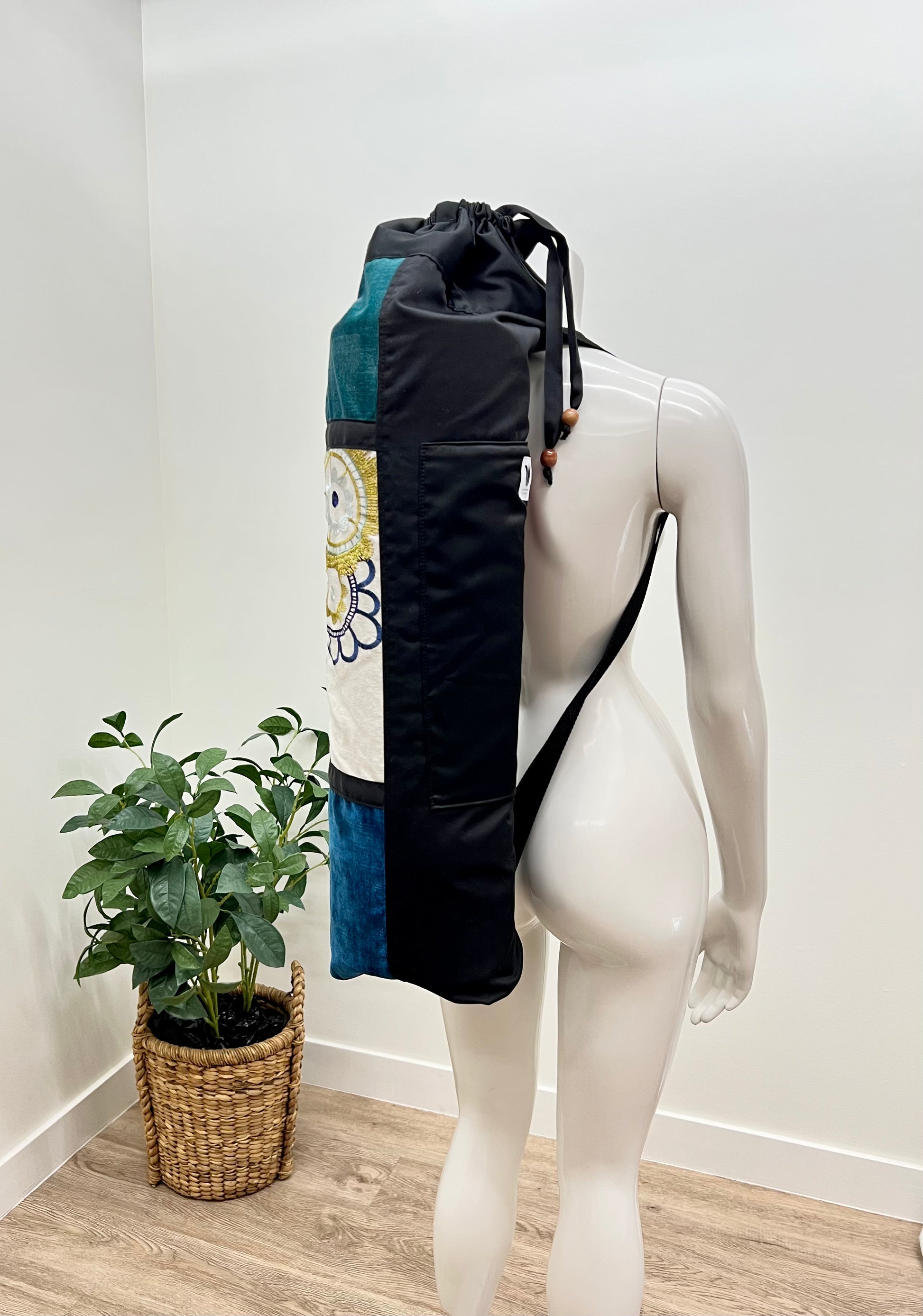 Back Pack Yoga Mat Bag, Extra Wide, Made in Canada, Blue Green Floral Print,