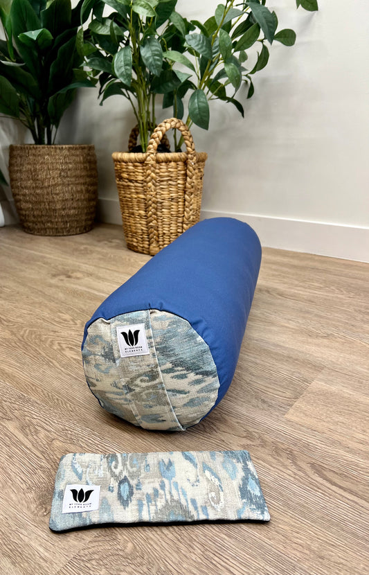 http://www.myyogaroomelements.com Yoga Bolster and Eye Pillow Set in Postal Blue with matching Ikat print. Handcrafted in Canada by My Yoga Room Elements