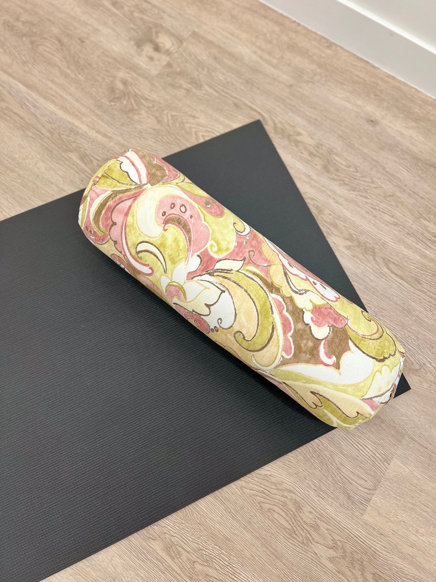 Round Yoga Bolster, Made in Canada by My Yoga Room Elements. Soft Coloured Swirl Print Fabric for yoga practice