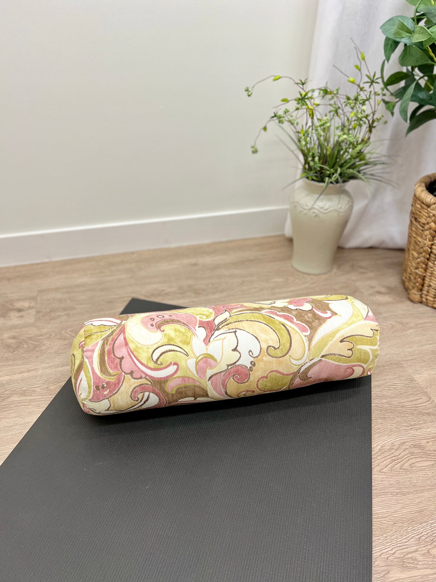 Round Yoga Bolster, Made in Canada by My Yoga Room Elements. Soft Coloured Swirl Print Fabric for yoga practice