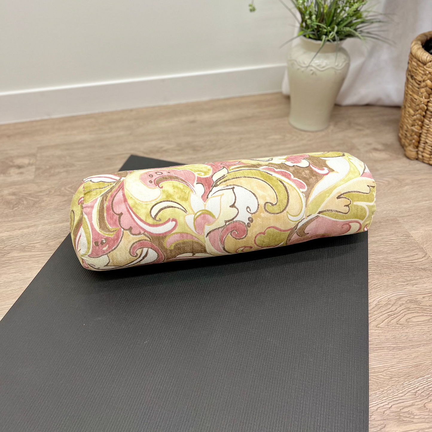 Round Yoga Bolster, Made in Canada by My Yoga Room Elements. Soft Coloured Swirl Print Fabric for yoga practice