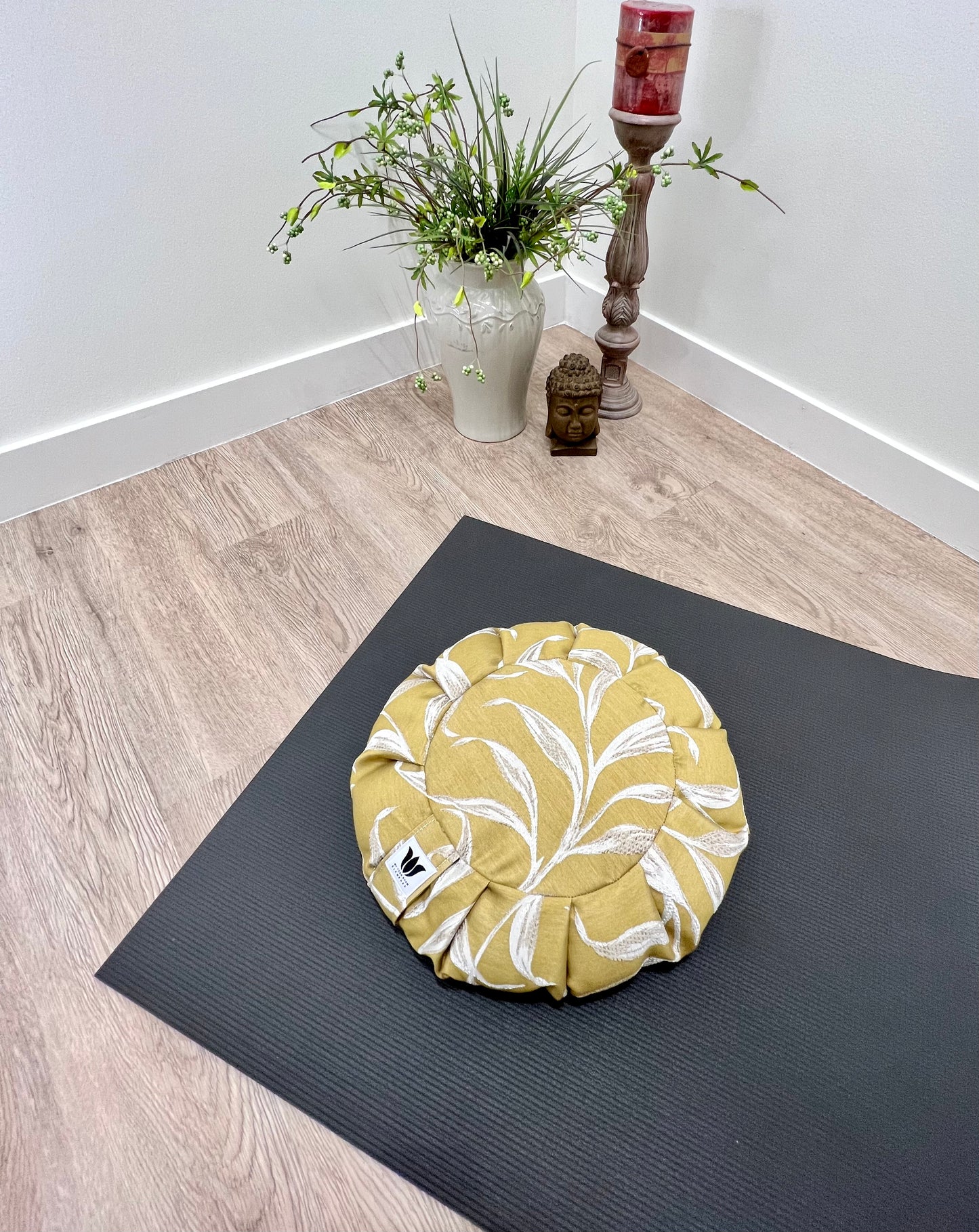 Meditation Seat Cushion Handcrafted in Yellow with an Embroidery Leaf print for yoga and meditation practice.