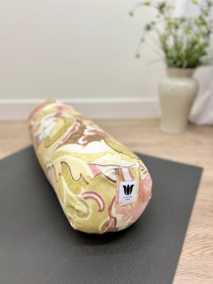 Round Yoga Bolster, Made in Canada by My Yoga Room Elements. Soft Coloured Swirl Print Fabric for yoga practice