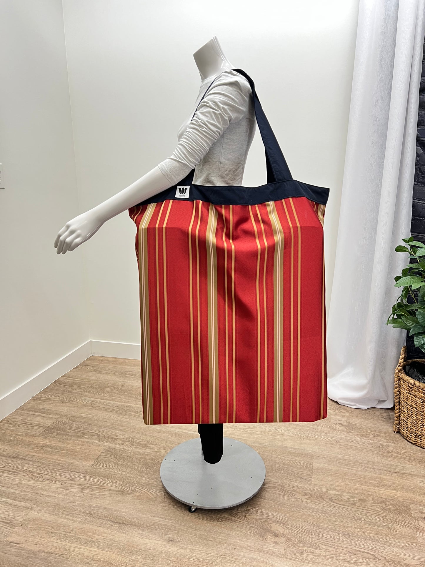 Extra large yoga mat bag to carry all your additional support props. red gold stripe print. Made in Canada by My Yoga Room Elements