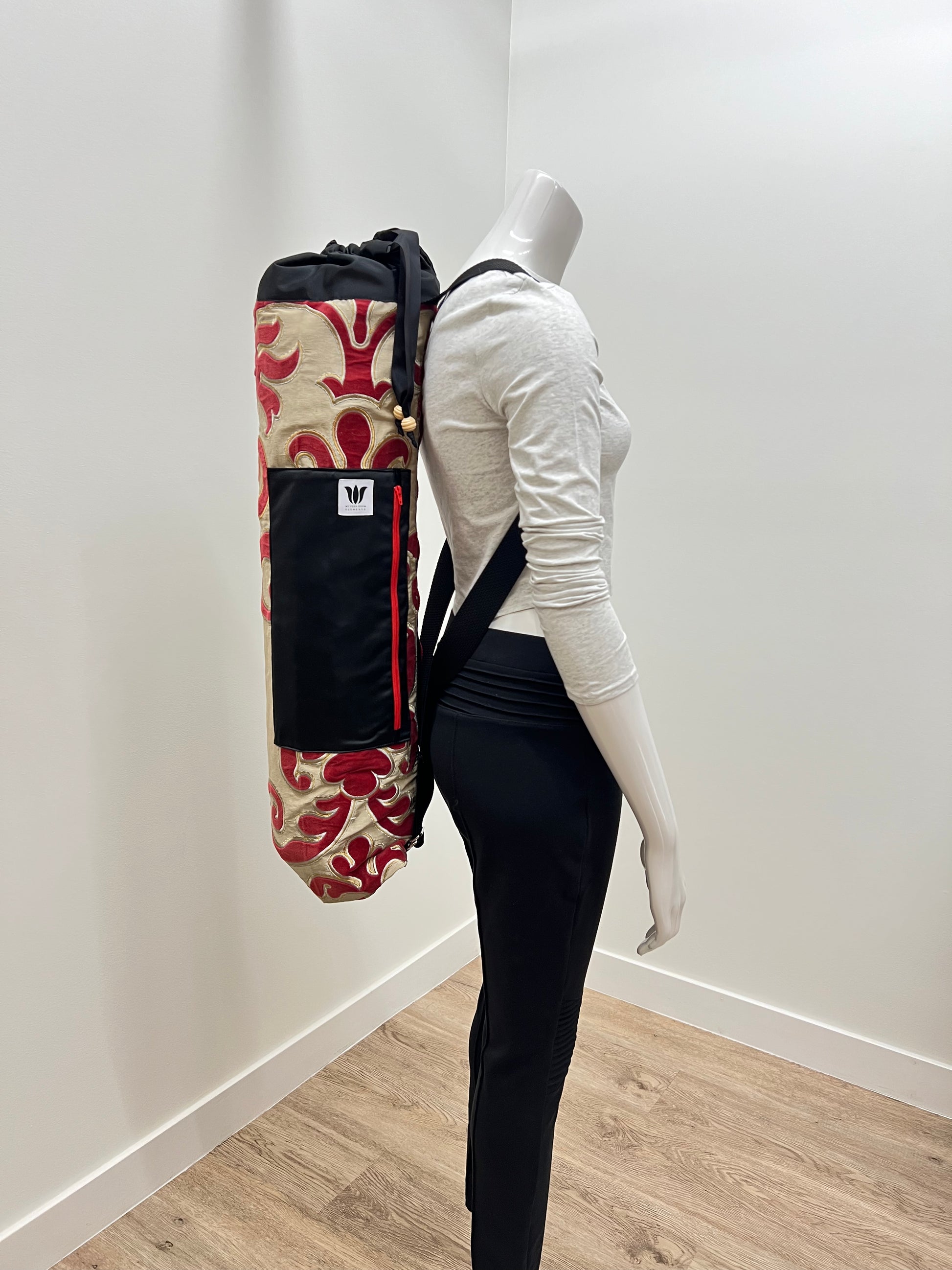Yoga Mat Bag, Backpack Option in Red and Gold Scroll embroidery print handcrafted by My Yoga Room Elements in their Canadian Studio