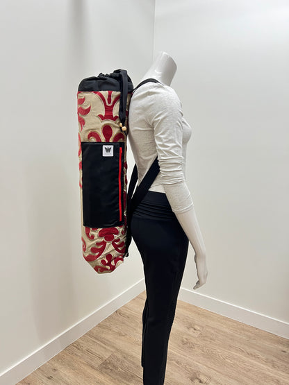 Yoga Mat Bag, Backpack Option in Red and Gold Scroll embroidery print handcrafted by My Yoga Room Elements in their Canadian Studio
