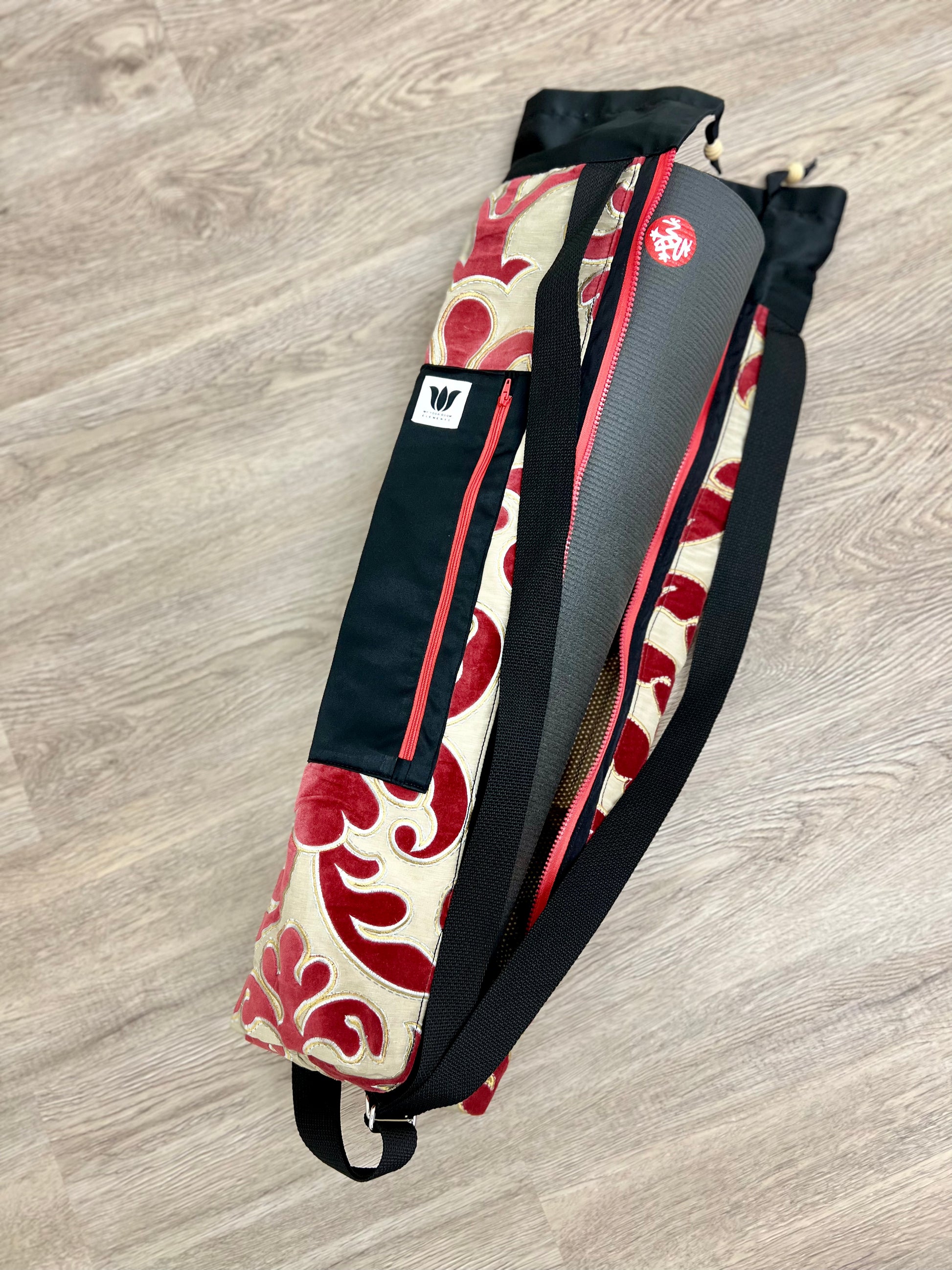 Yoga Mat Bag, Backpack Option in Red and Gold Scroll embroidery print handcrafted by My Yoga Room Elements in their Canadian Studio Full zipper opening