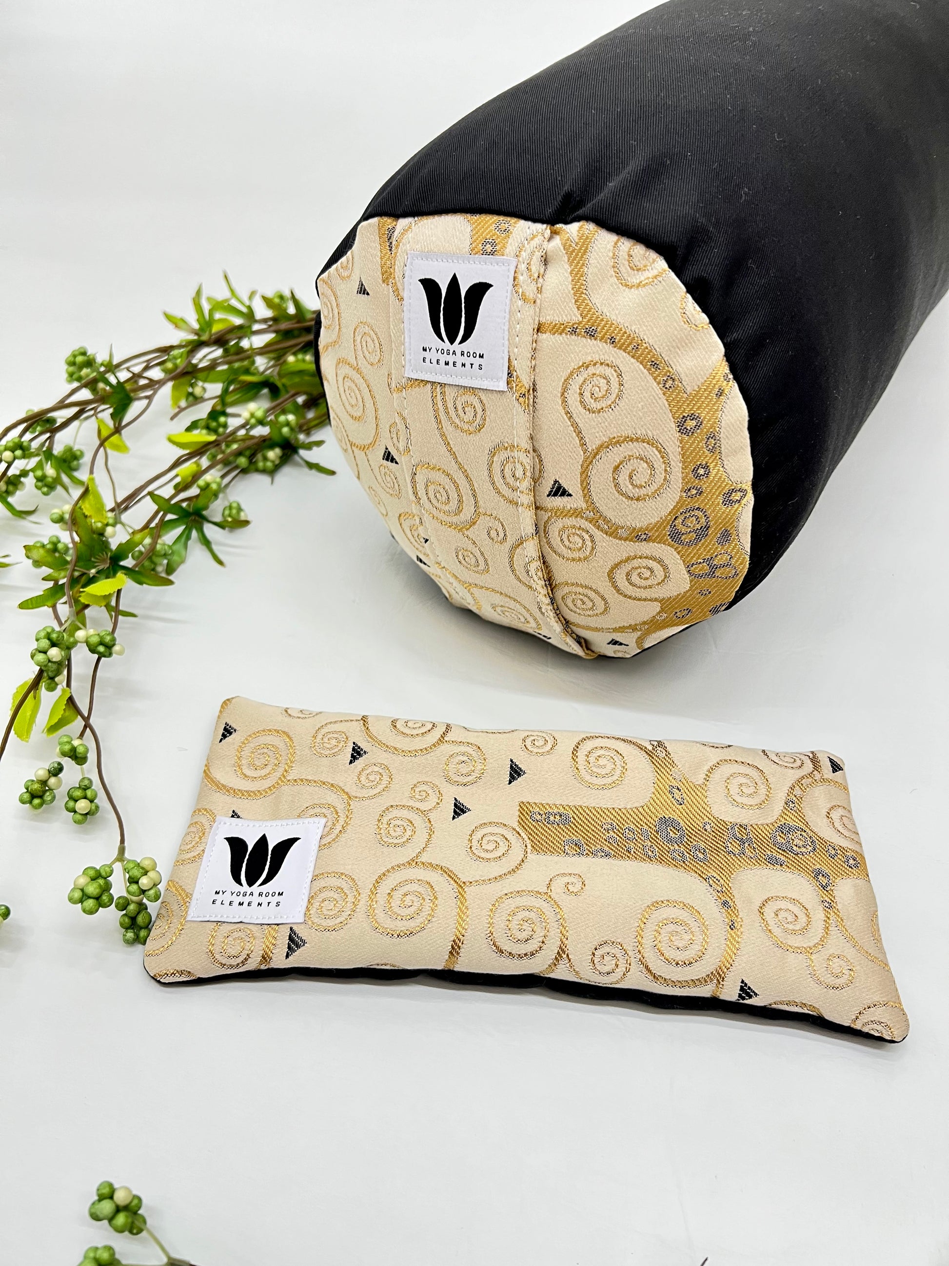 Black and Gold Swirl Print, Yoga Bolster and Eye Pillow Set Handcrafted in Canada by My Yoga Room Elements