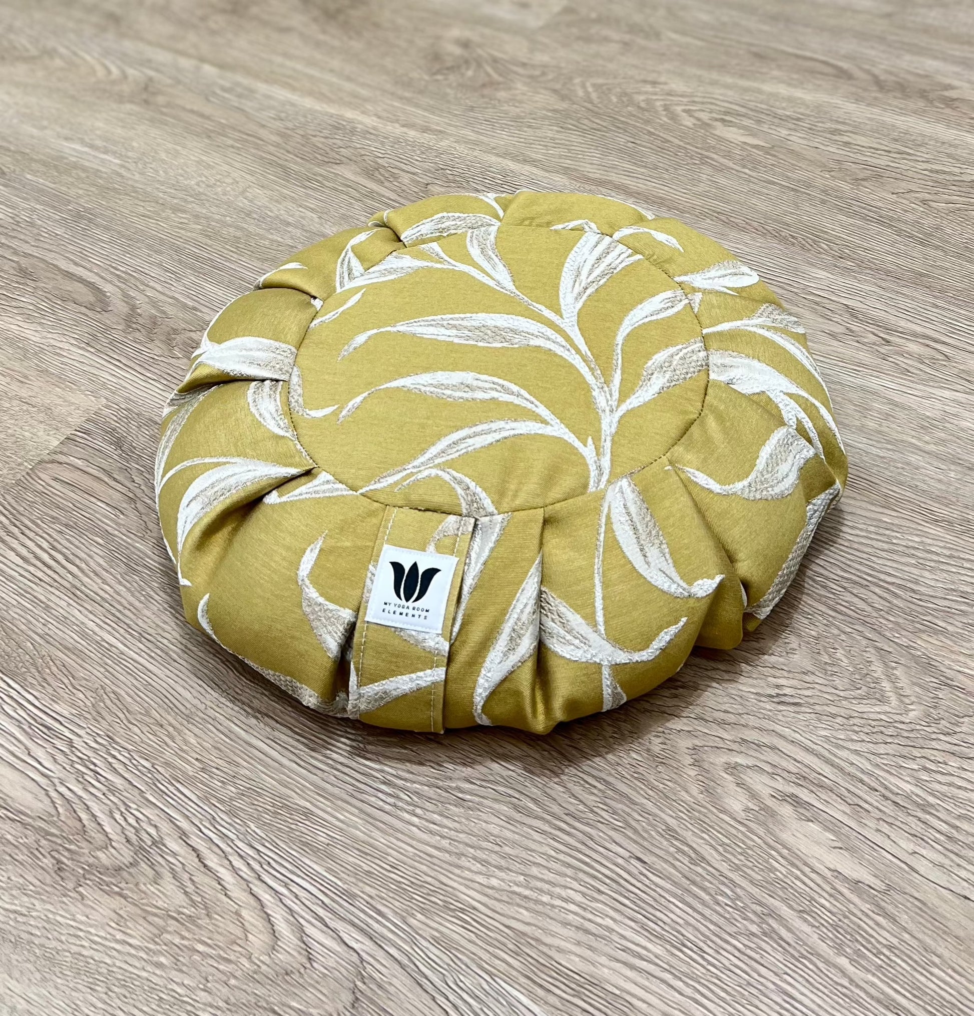 Meditation Seat Cushion Handcrafted in Yellow with an Embroidery Leaf print for yoga and meditation practice.