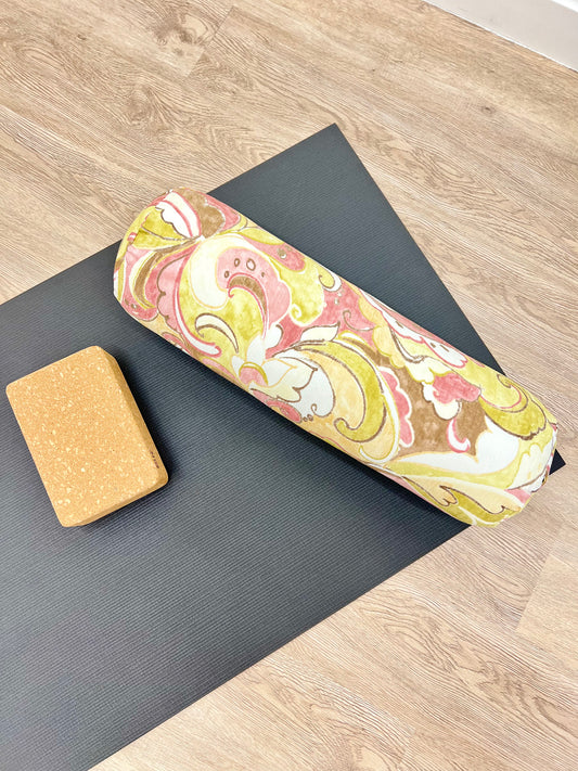 Round Yoga Bolster, Made in Canada by My Yoga Room Elements. Soft Coloured Swirl Print Fabric for yoga practice
