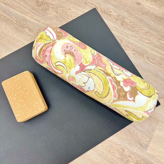 Round Yoga Bolster, Made in Canada by My Yoga Room Elements. Soft Coloured Swirl Print Fabric for yoga practice