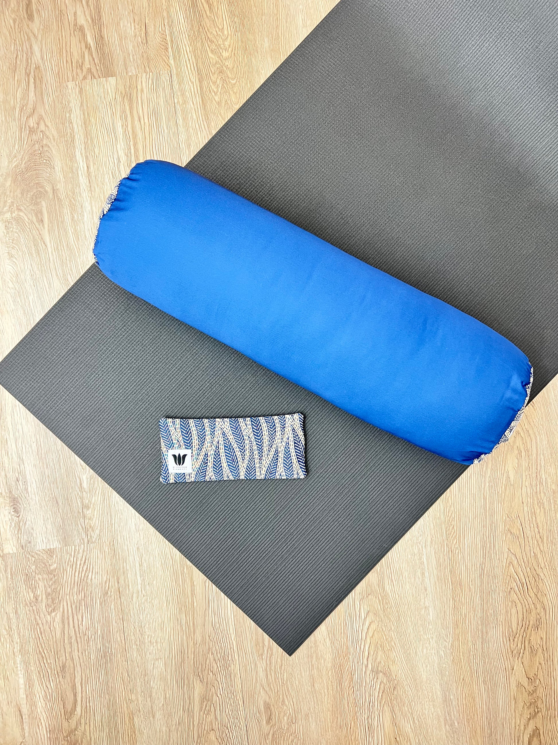 Round Yoga Bolster with matching eye pillow  Blue in Color, Handcrafted in Canada