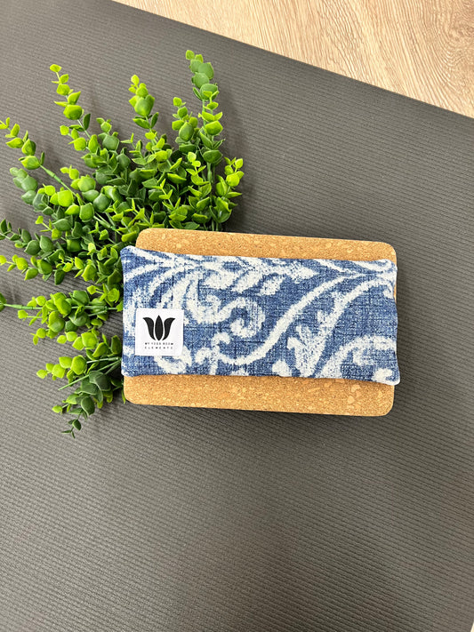 Luxury Eye Pillow in white and blue print fabric with satin backing for yoga and meditation. Made in Canada by My Yoga Room Elements