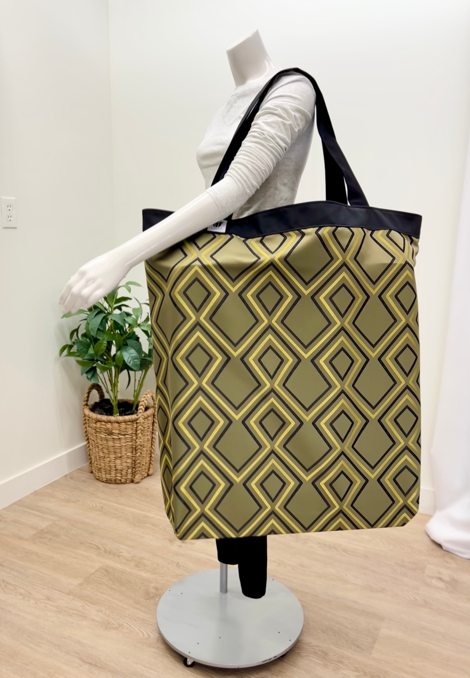 Extra large yoga mat bag to carry all your additional support props. Green gold diamond modern graphic print. Made in Canada by My Yoga Room Elements