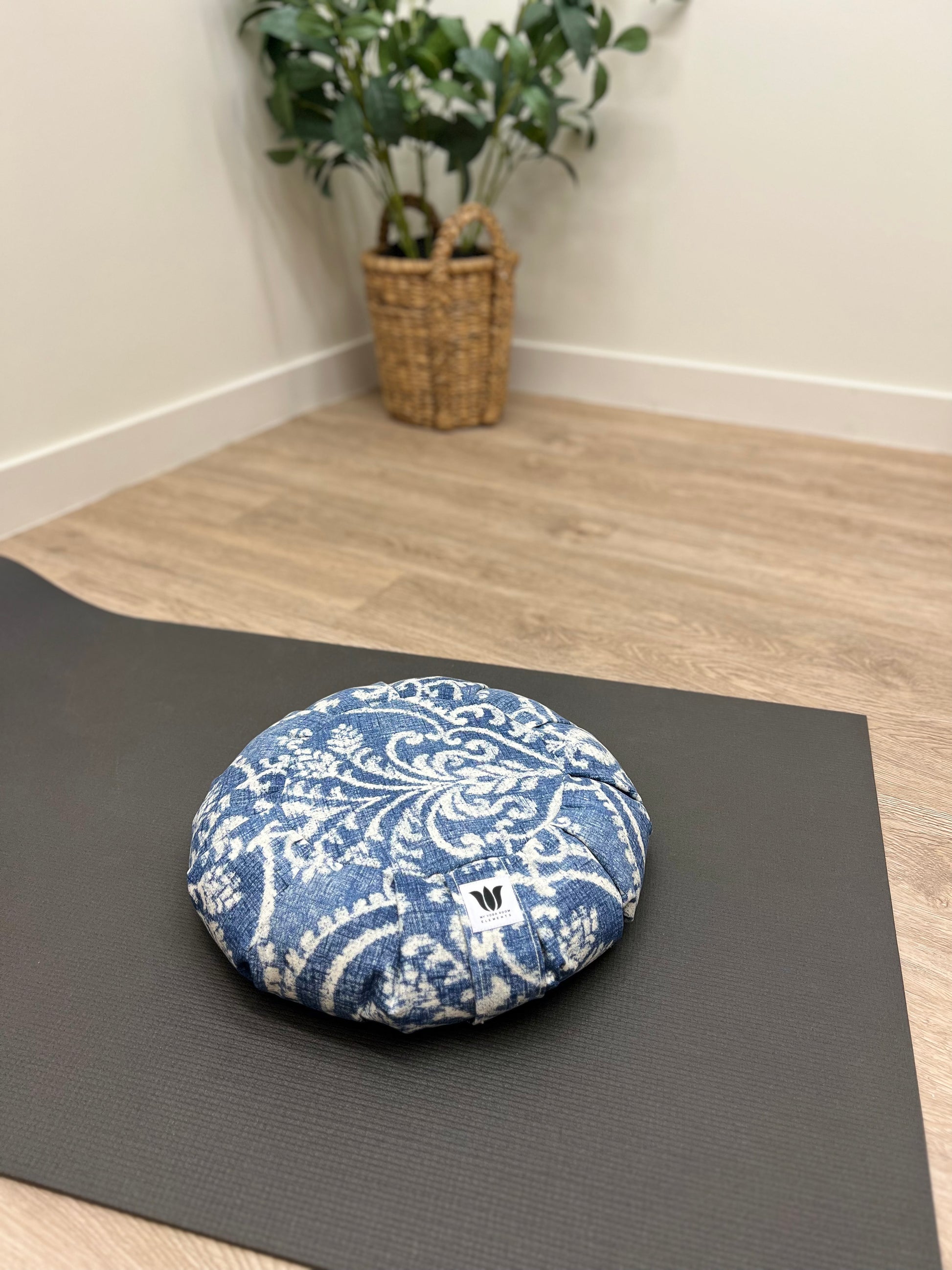 Meditation Seat Cushion in blue and white printed cotton canvas fabric, handcrafted in Canada by My Yoga Room Elements