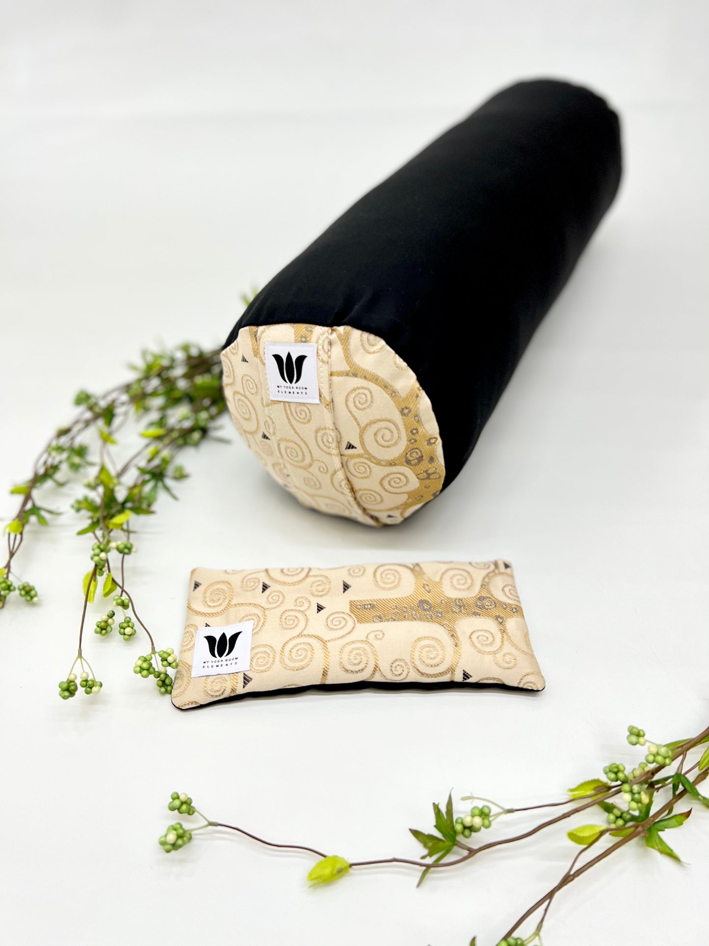 Black and Gold Swirl Print, Yoga Bolster and Eye Pillow Set Handcrafted in Canada by My Yoga Room Elements