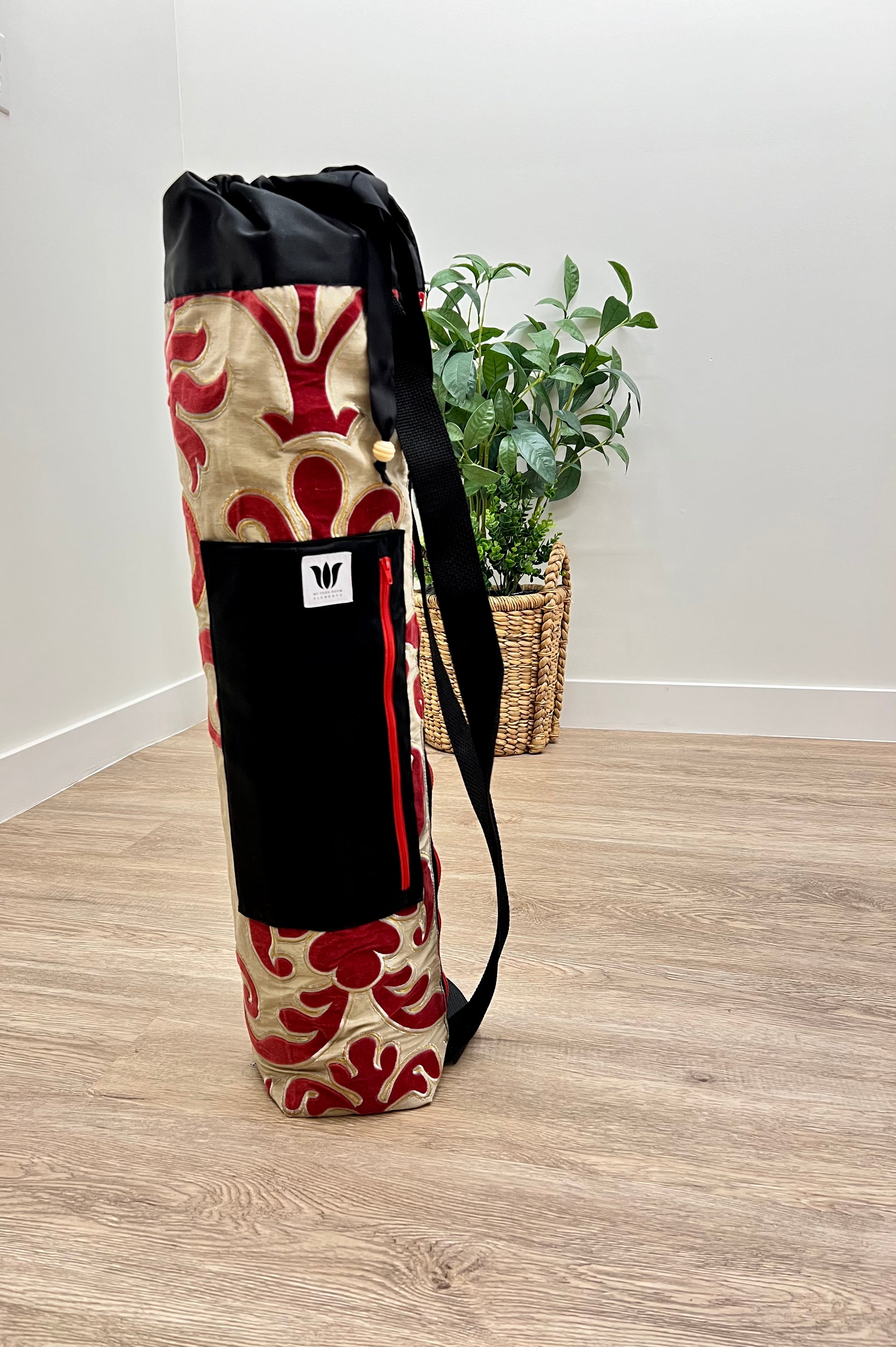 Yoga Mat Bag, Backpack Option in Red and Gold Scroll embroidery print handcrafted by My Yoga Room Elements in their Canadian Studio holds wider yoga mat bags