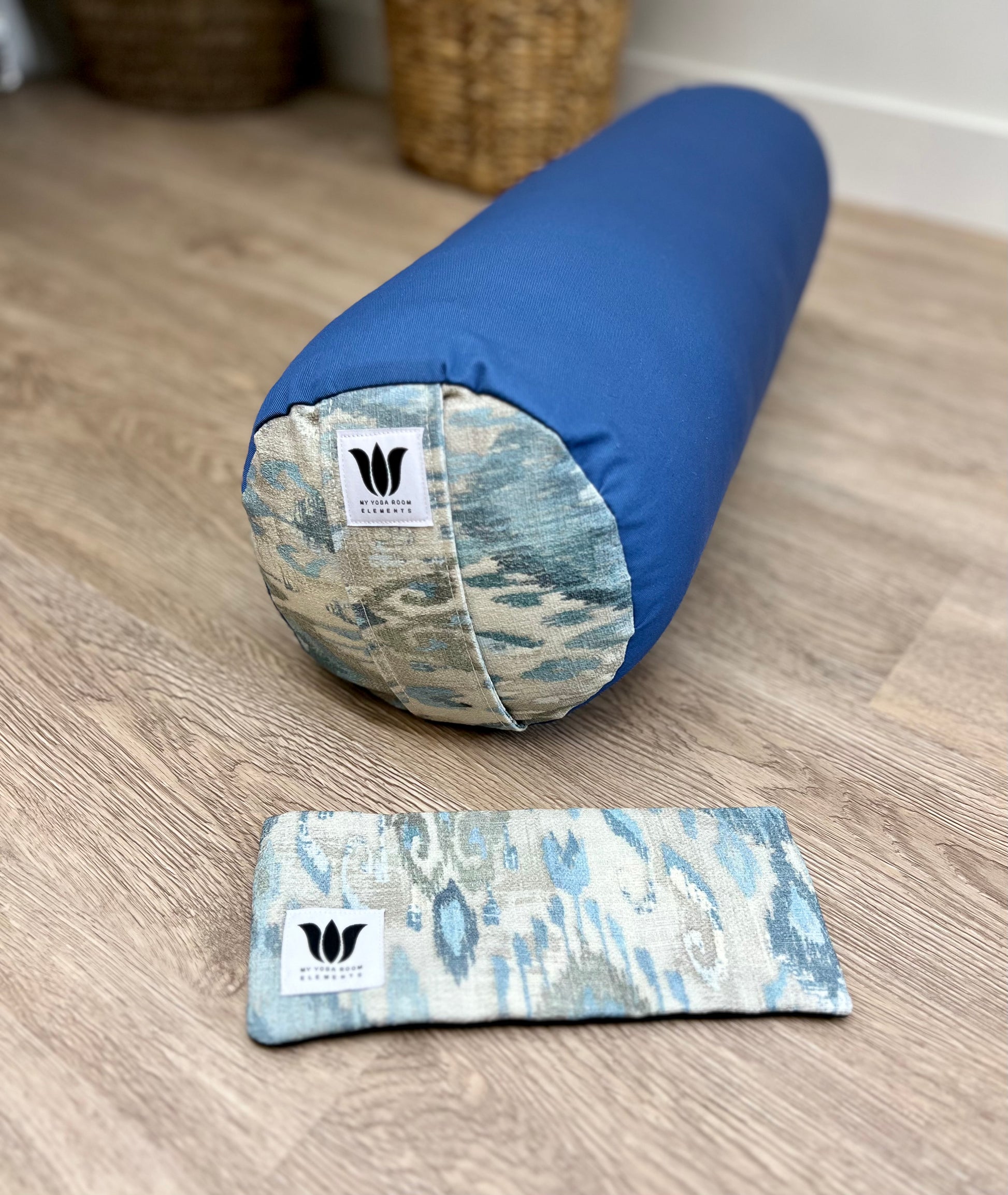 http://www.myyogaroomelements.com Yoga Bolster and Eye Pillow Set in Postal Blue with matching Ikat print. Handcrafted in Canada by My Yoga Room Elements