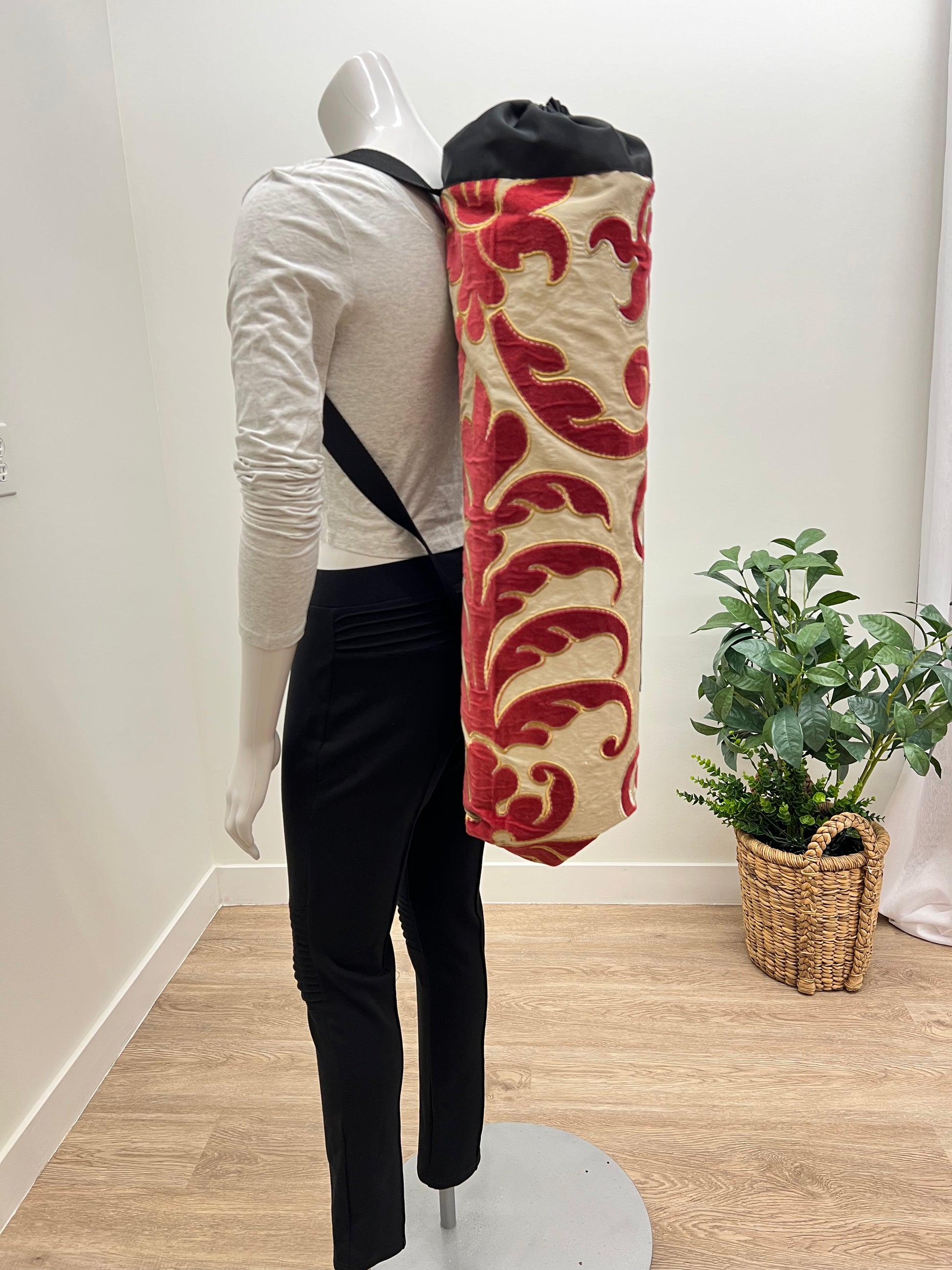 Yoga Mat Bag, Backpack Option in Red and Gold Scroll embroidery print handcrafted by My Yoga Room Elements in their Canadian Studio