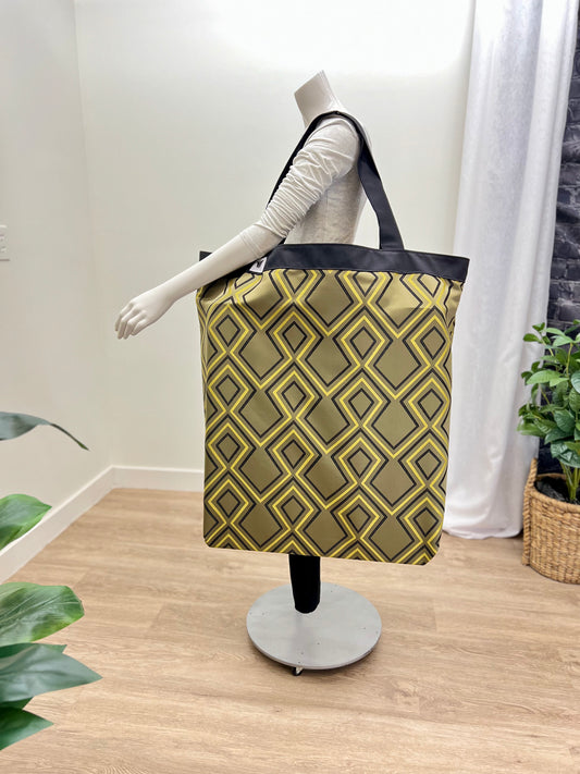 Extra large yoga mat bag to carry all your additional support props. Green gold diamond modern graphic print. Made in Canada by My Yoga Room Elements