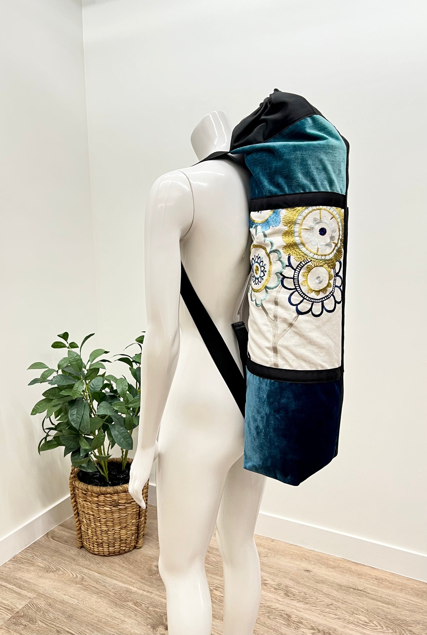 Back Pack Yoga Mat Bag, Extra Wide, Made in Canada, Blue Green Floral Print,